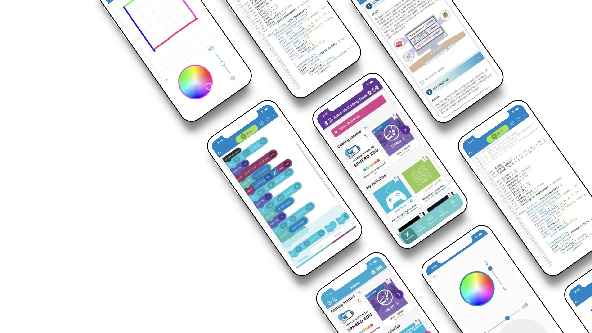 Grid of angled phone mockups showing Sphero Edu app screens: block coding, JavaScript editor, drive controls and lessons
